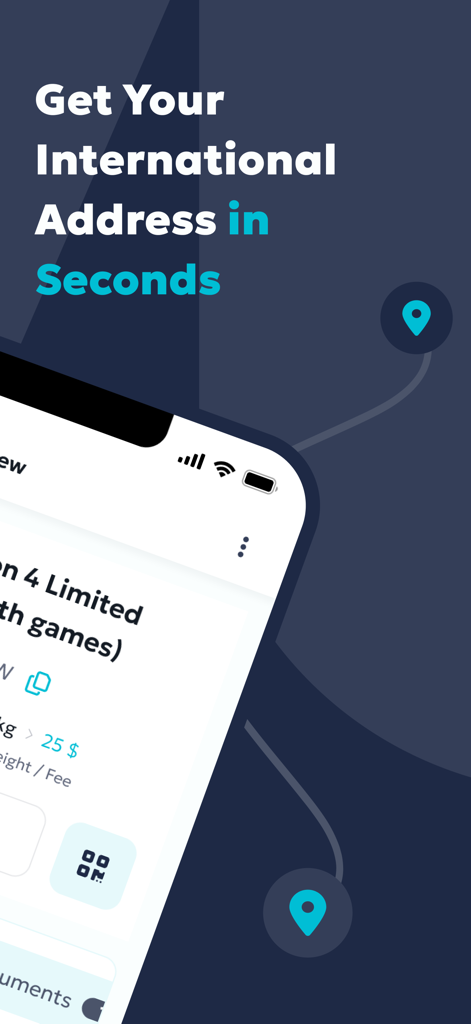 Movato - Online Shopping - Movato app interface displaying how to get an international shipping address for global orders.