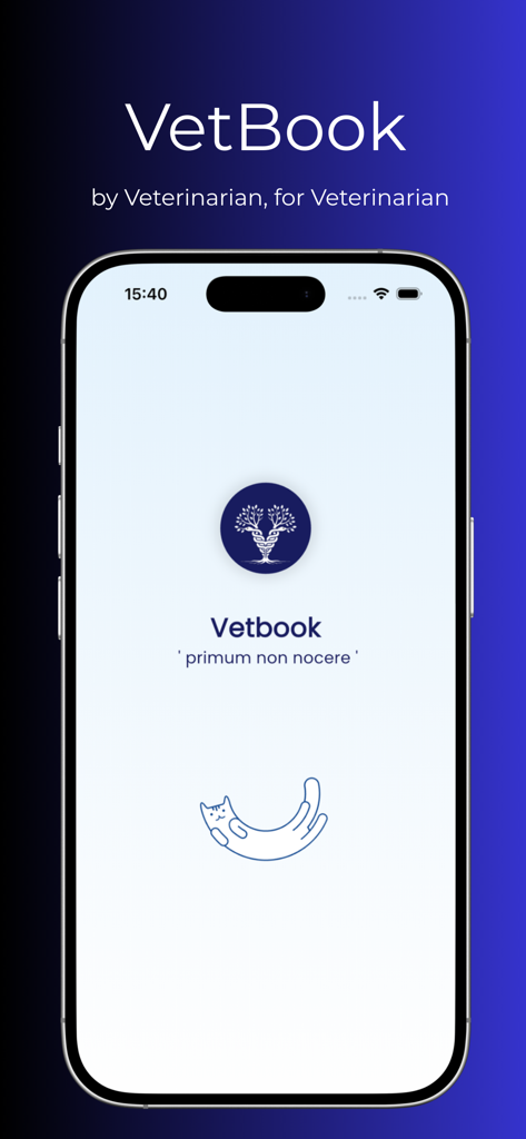 Vetbook mobile app splash screen with the tagline by Veterinarian for Veterinarian