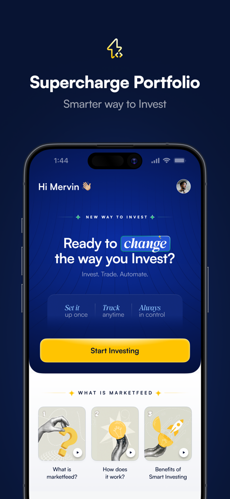 marketfeed - A mobile screen for marketfeed showing the supercharge portfolio welcome message and start investing button