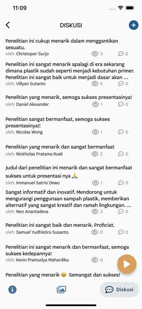Mobile app interface displaying user discussions and feedback on student scientific research projects