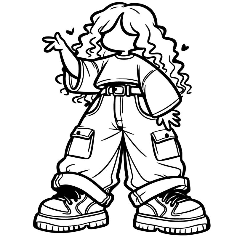 girl in baggy pants and a big shirt with curly hair