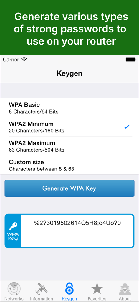 WiFiAudit Pro - WiFi Passwords - A mobile app interface for generating strong WPA and WPA2 WiFi security keys for routers