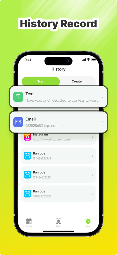 QR Scan & Smart Code Reader - Interface do aplicativo QR Scan e Leitor de Códigos Inteligente mostrando o registro do histórico de digitalização com entradas de texto, e-mail e código de barras