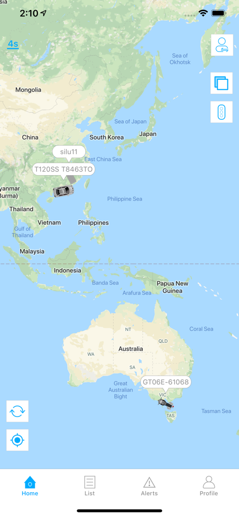 Tracksolid app home screen showing real-time GPS vehicle tracking pins on a global map