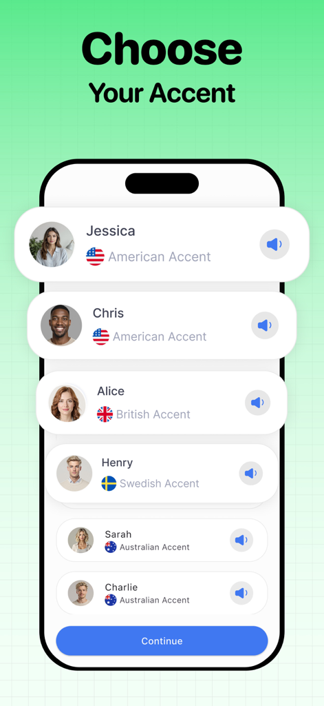 Speak & Learn English: Lina - Interface of the Lina app showing a list of AI tutors with different English accents including American British and Australian