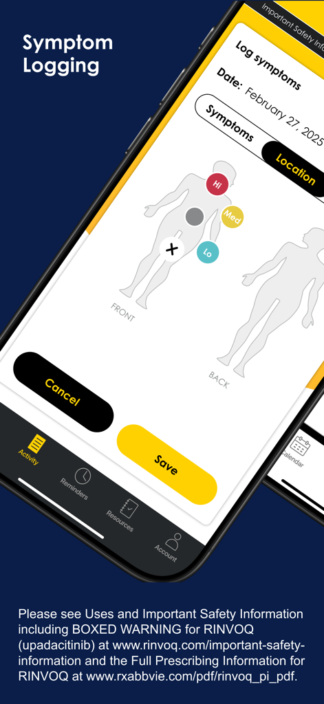 Complete - Medication Tracker - Symptom logging screen in the Complete app featuring a human body diagram to track and pinpoint symptoms
