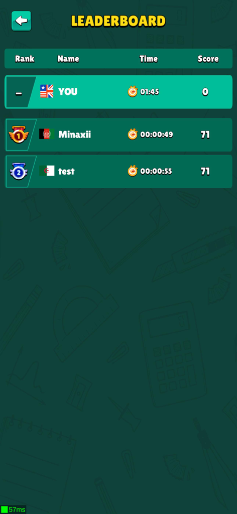 Arena by Live MCL - Arena by LiveMCL app leaderboard displaying player rankings and scores for mental math competitions