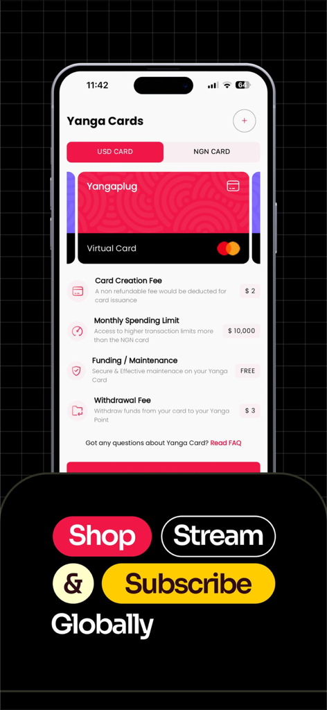 YangaPlug - Pay and Earn - YangaPlugの仮想USDカードの詳細が表示されたモバイルアプリ画面。月間利用限度額と取引手数料が含まれています。