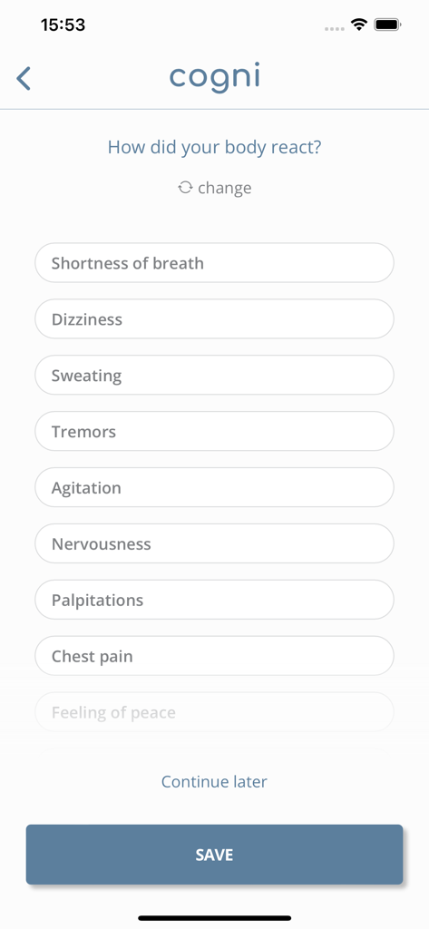 Cogni - Cogni app interface showing a list of physical symptoms like shortness of breath and dizziness to track body reactions in a CBT thought record.
