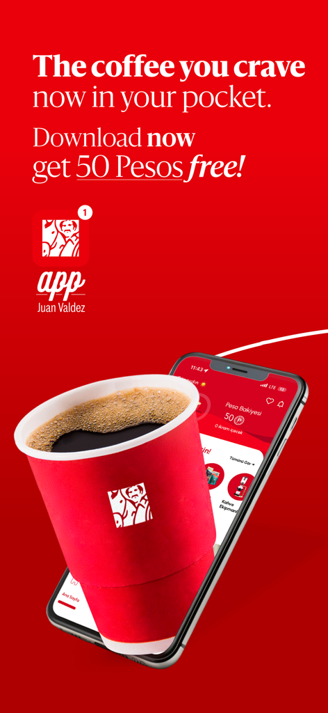Juan Valdez Türkiye - Promoción de la aplicación móvil Juan Valdez que muestra una taza de café roja en un smartphone con una oferta de recompensa de fidelidad