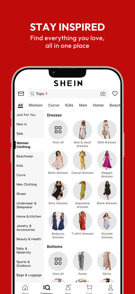 Interface do aplicativo móvel SHEIN mostrando categorias de moda e diversos estilos de vestidos.