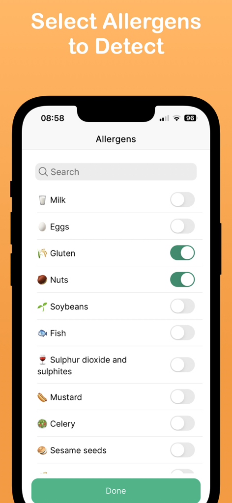 Food Allergy Scanner - Bokha - Bokha app mobile screen displaying a list of food allergens like milk eggs gluten and nuts with toggle switches to personalize detection