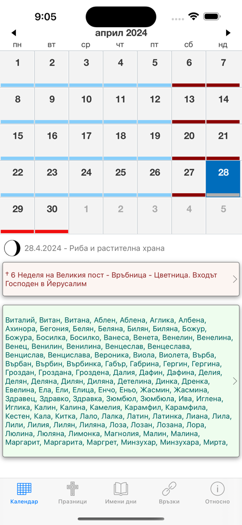 Календар с имените дни ПРО - Interface of a Bulgarian calendar app showing name days and religious holiday details for April
