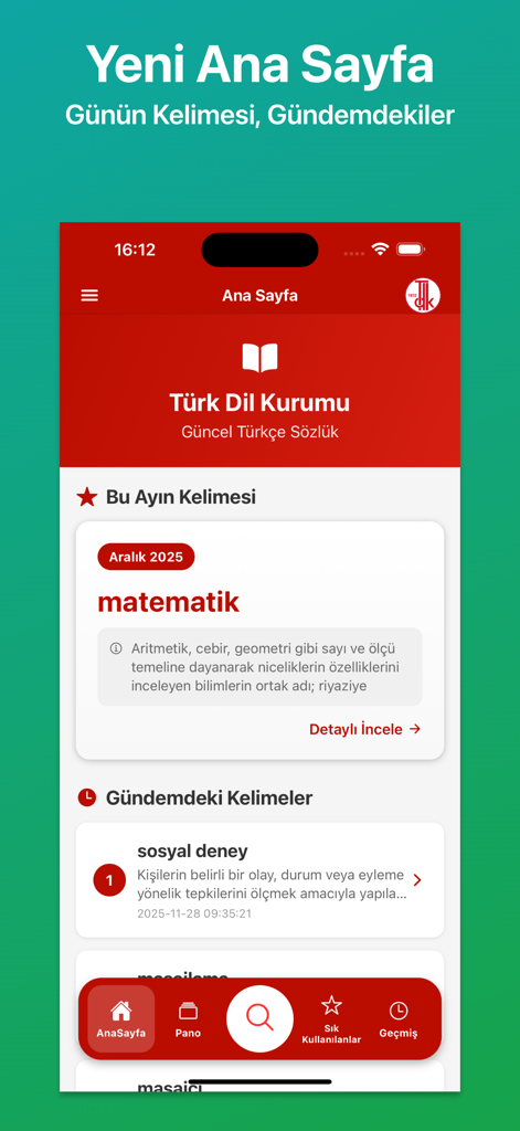 Tela inicial do aplicativo Dicionário Turco TDK mostrando palavra do mês e tópicos em alta