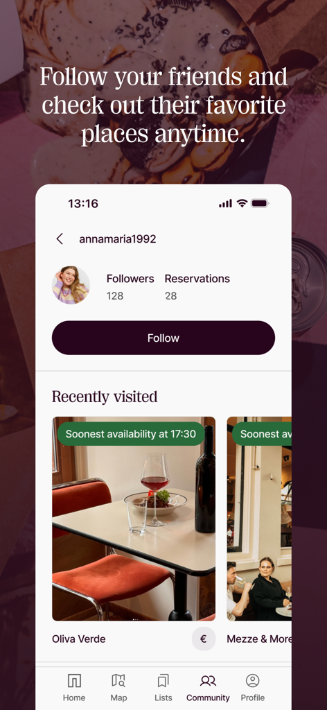 Dinee - Dinee App-Bildschirm, der ein Benutzerprofil mit Followern und Empfehlungen für kürzlich besuchte Restaurants zeigt