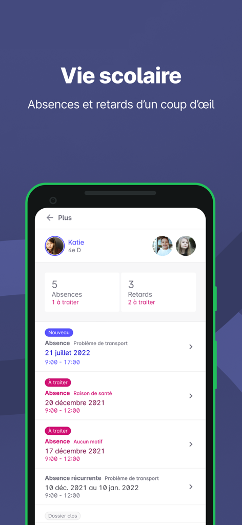 Skolengo - Tableau de bord de l'application mobile Skolengo montrant les relevés d'absences et de retards des élèves