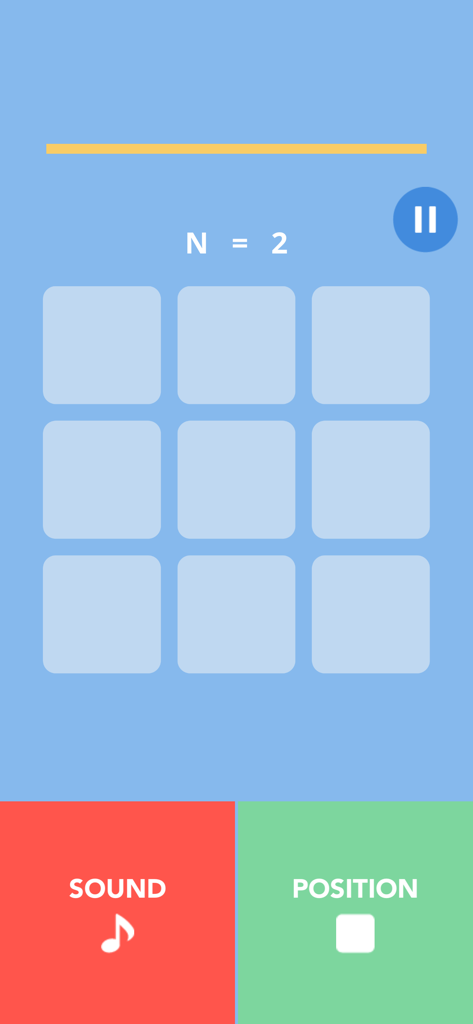 Dual N-Back: Brain-Training - サウンドと位置のマッチボタンを備えた3x3グリッドを示すDual N-Backゲームプレイ画面