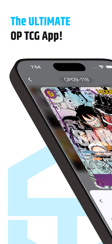 OP TCG Dex - Interfaz de la aplicación móvil OP TCG Dex mostrando una carta de trading de One Piece con el titular La Aplicación Definitiva de OP TCG