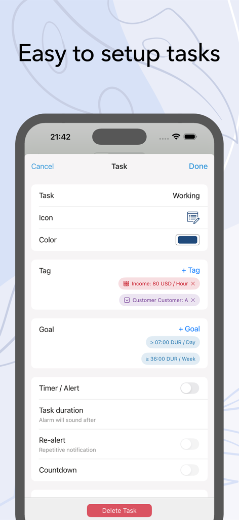 ATracker PRO app interface for setting up a new task with options for tags and goals