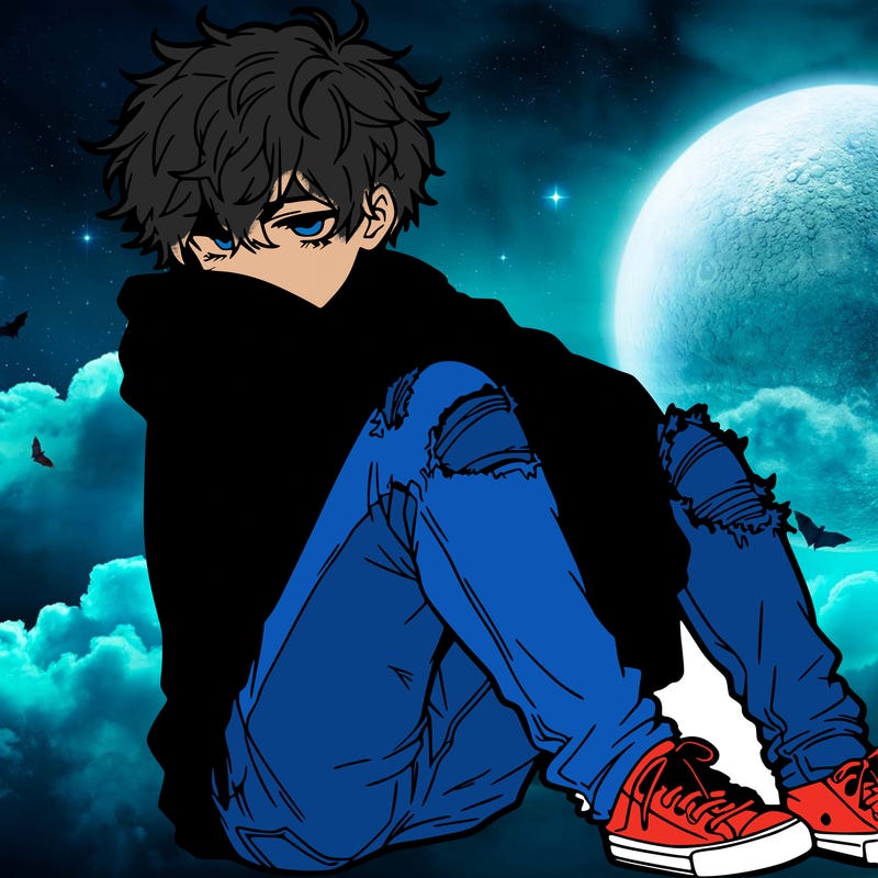 a male hoddie ripped jeans messy hair anime