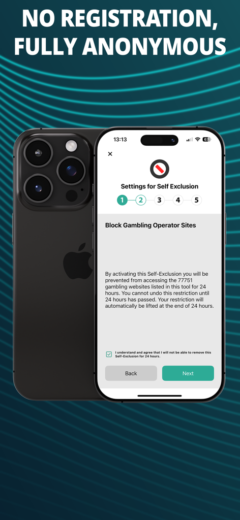 BetBlocker: Gambling Exclusion - BetBlocker app interface on an iPhone displaying the anonymous self-exclusion setup screen for blocking gambling websites.