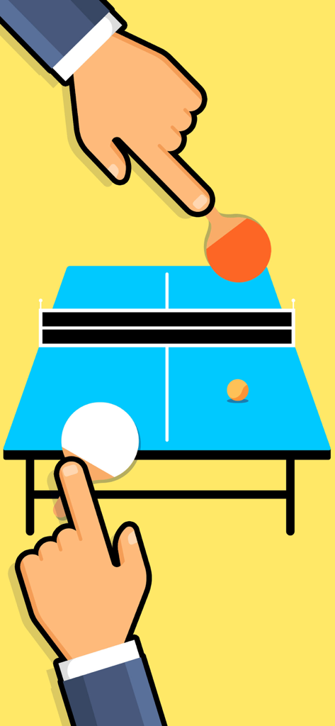 Vista de cima de duas pessoas jogando uma partida virtual de pingue-pongue em um único dispositivo