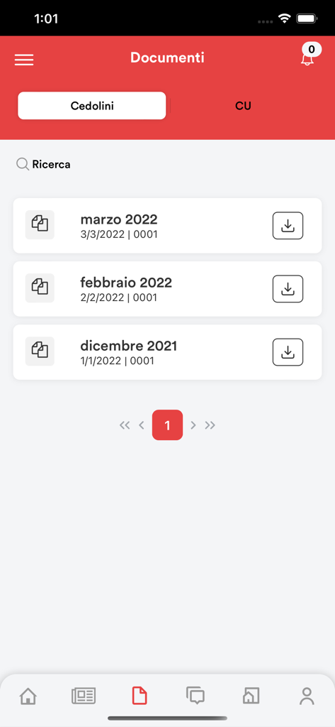 Camst People - Camst People app documents screen displaying a list of monthly payslips available for download