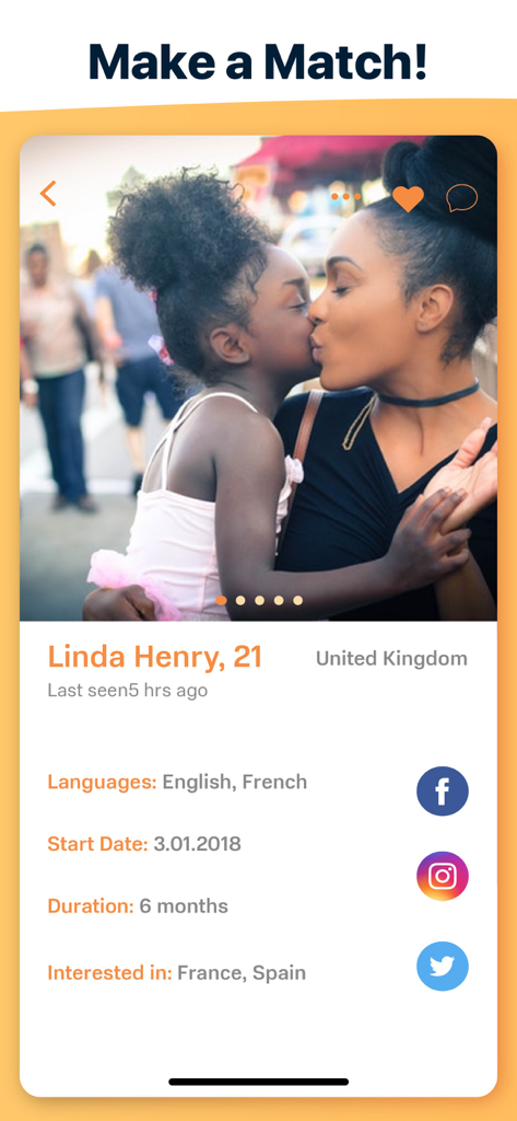 Match AuPair - Mobile app screen showing a 21 year old au pair candidate profile with social media links and personal details