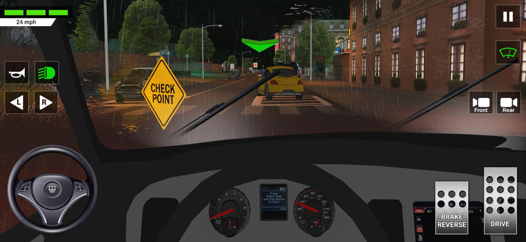 チェックポイントの標識と街の建物がある、雨の夜の運転テストでの車の運転席からの一人称視点。