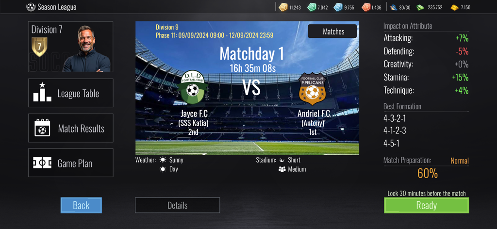 Interfaz de preparación de partidos en Soccer Dynasty que muestra los atributos del equipo y las formaciones
