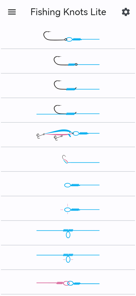 Fishing Knots FishPlanetApps - Un menú de varios diagramas de nudos de pesca para anzuelos y señuelos en la interfaz de la aplicación Fishing Knots Lite