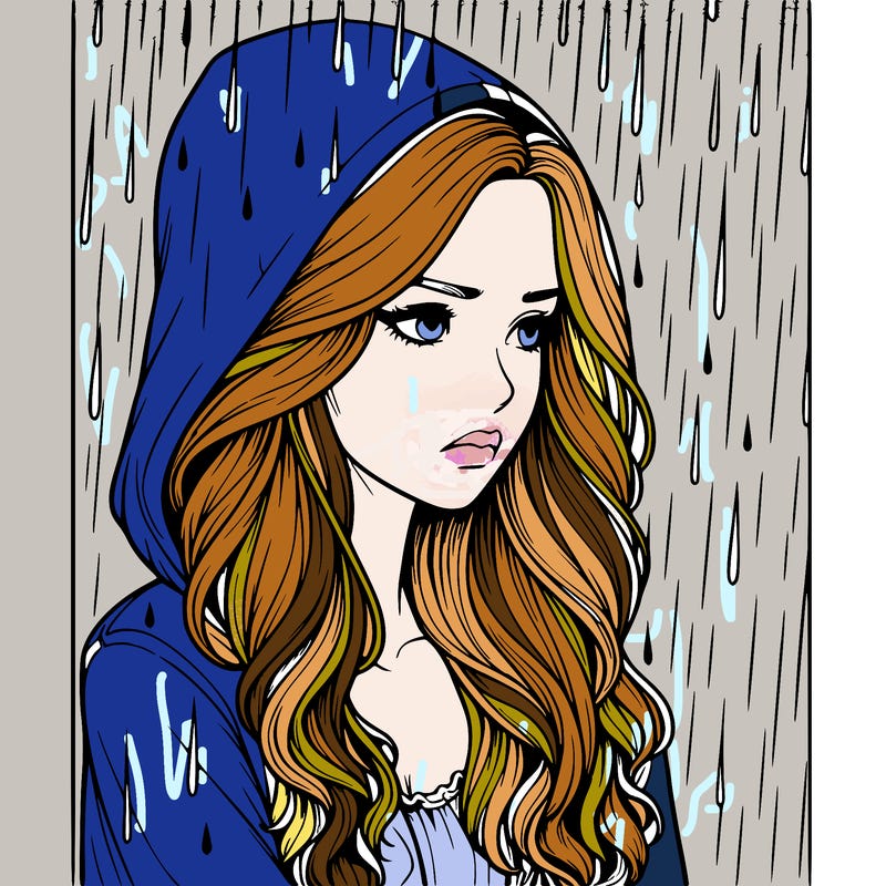 realistic woman in the rain sad