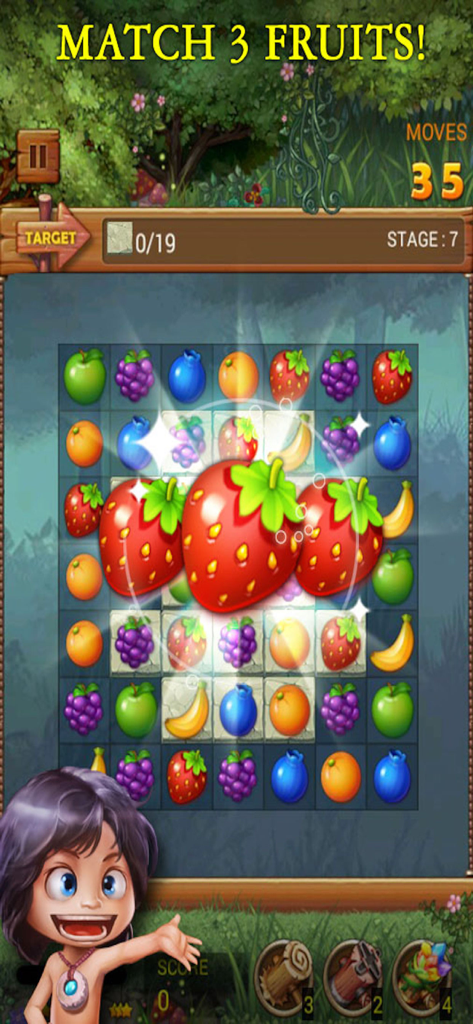 Match 3 puzzle gameplay in Fruits Forest Rainbow Apple with colorful strawberries and fruits