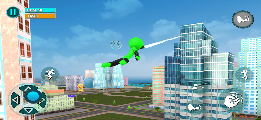 Grand Stickman City Hero Game - A green stickman superhero swinging from a skyscraper using a rope in an open world city environment