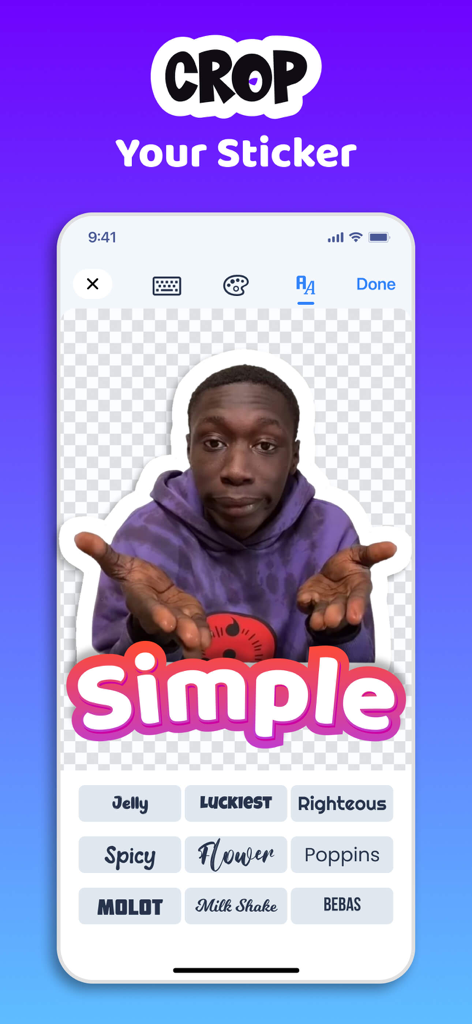 Sticker Maker・Stickers & Emoji - Interfaz de la aplicación Sticker Maker que muestra a un usuario recortando un sticker de meme y eligiendo entre varios estilos de fuente para añadir la palabra Simple