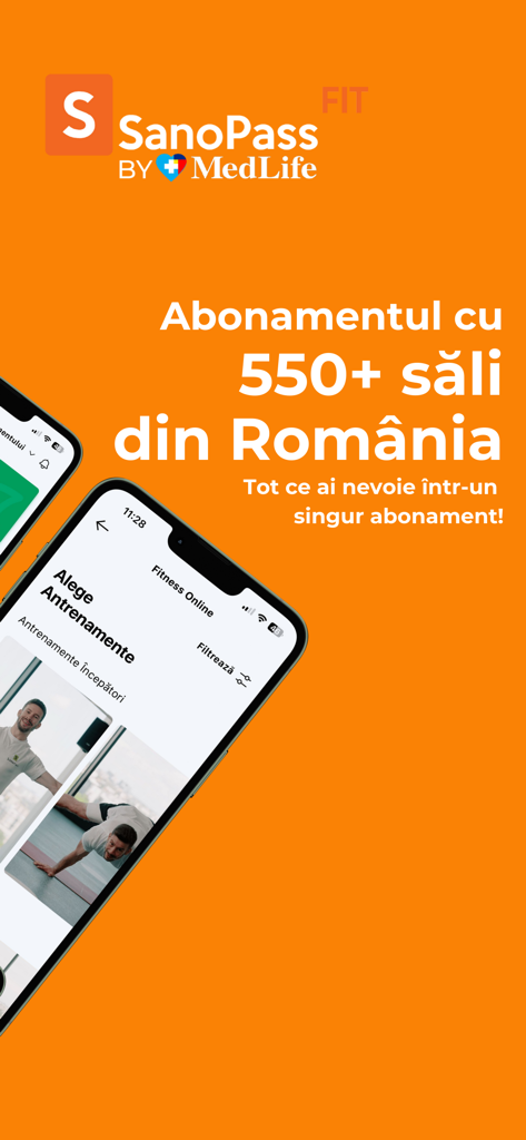 SanoPass mobile app interface showing a fitness subscription with access to over 550 gyms in Romania