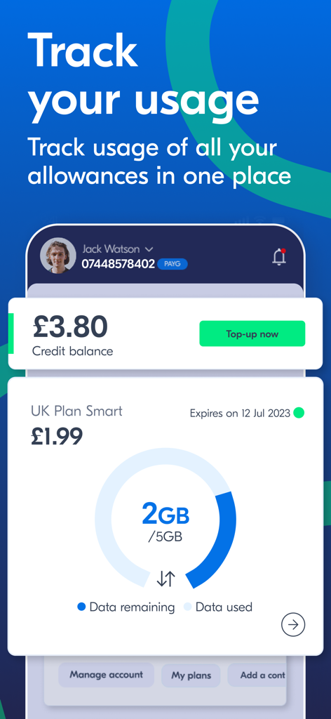 Lyca Mobile UK - Lyca Mobile UK app dashboard showing credit balance and data usage tracking