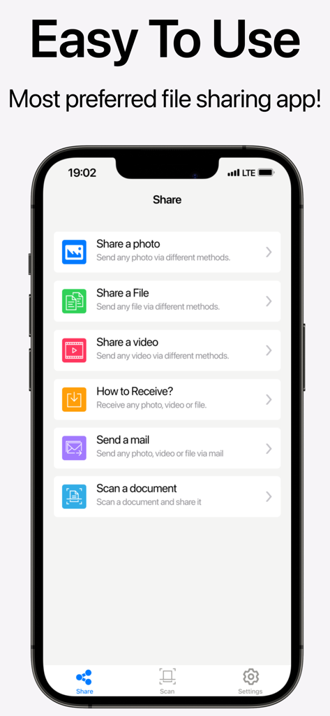 Air File Share & Drop - Main interface of the Air File Share and Drop app on an iPhone showing sharing and scanning options