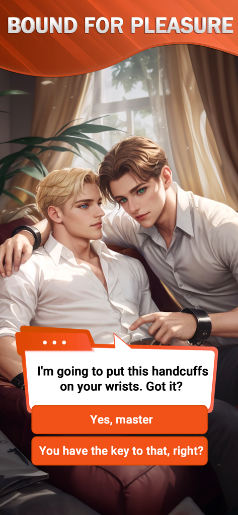 Scripts: Episode & Choices - Una escena de historia interactiva romántica LGBTQ en Scripts que muestra a dos hombres con opciones de diálogo sobre un escenario de juego de rol sumiso.