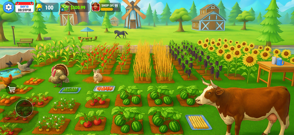 Farm Supermarket Simulator - A vibrant farm scene in Farm Supermarket Simulator showing various crops and farm animals like a cow and turkey.