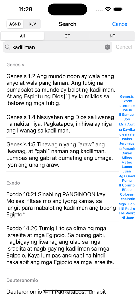 A search screen showing results for a Tagalog keyword with Bible verses from Genesis and Exodus.