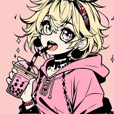hot baddie anime girl drinking boba and biting the straw