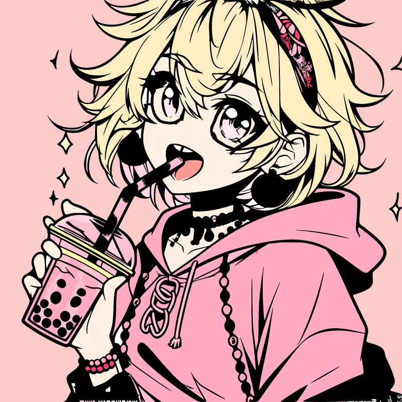 hot baddie anime girl drinking boba and biting the straw