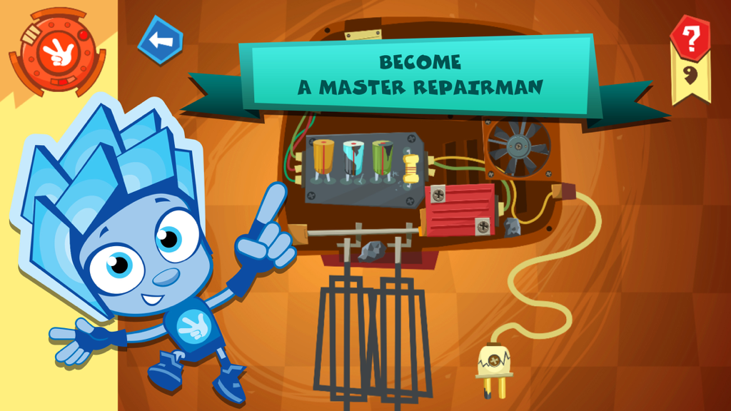 Fixies The Masters: repair home appliances, watch educational videos featuring your favorite heroes (Full) - A blue Fixie character pointing at an electronic circuit board with the text Become a Master Repairman
