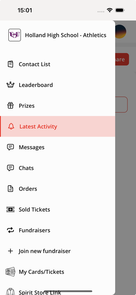 Side navigation menu of the RAISE365 app showing options for leaderboard activity and fundraisers