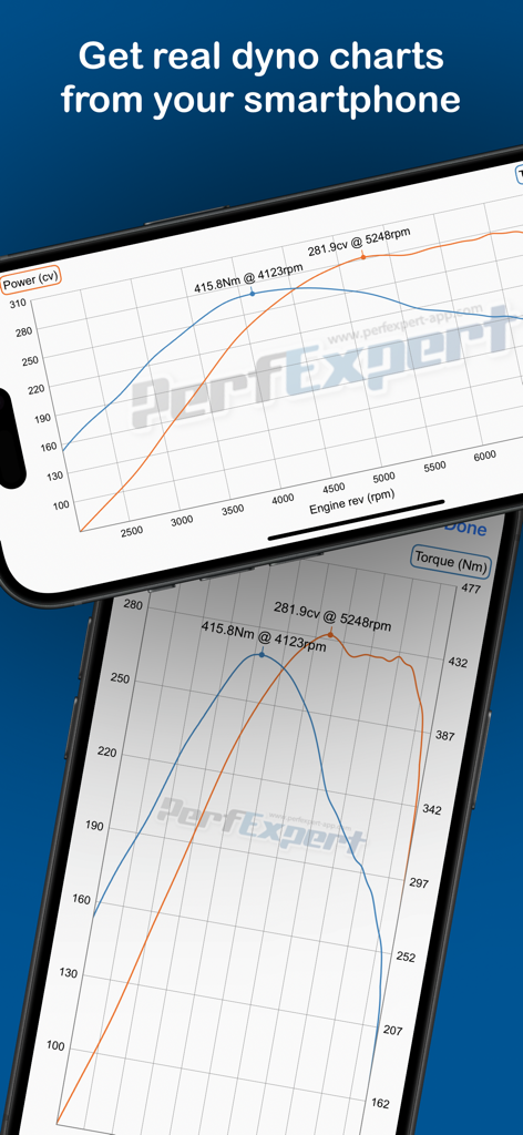 PerfExpert mobile app displaying real engine power and torque dyno charts on smartphone screens