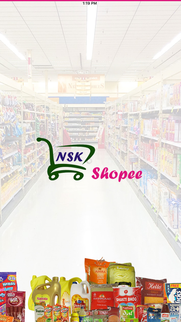 NSK Shopee app splash screen showing grocery and beauty products against a supermarket aisle background
