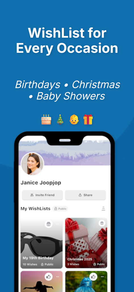 Interfaz de la app de lista de deseos universal que muestra múltiples registros de regalos para diferentes ocasiones