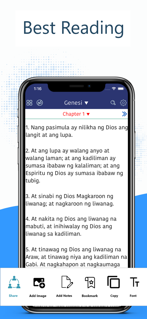 Tagalog Bible Pro (Ang Biblia) - Interfaz de lectura móvil para la aplicación Tagalog Bible Pro que muestra el capítulo 1 del Génesis.