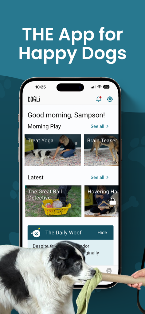 DOGLi - Dog Enrichment & Games - DOGLi app interface displaying dog enrichment activities like Treat Yoga and Brain Teaser for conscious pet parents.
